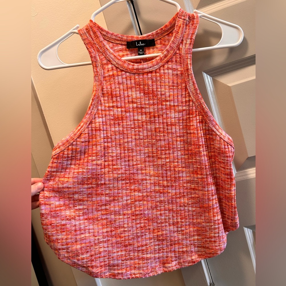Lulu's Pink-Orange Ribbed High-Neck Tank